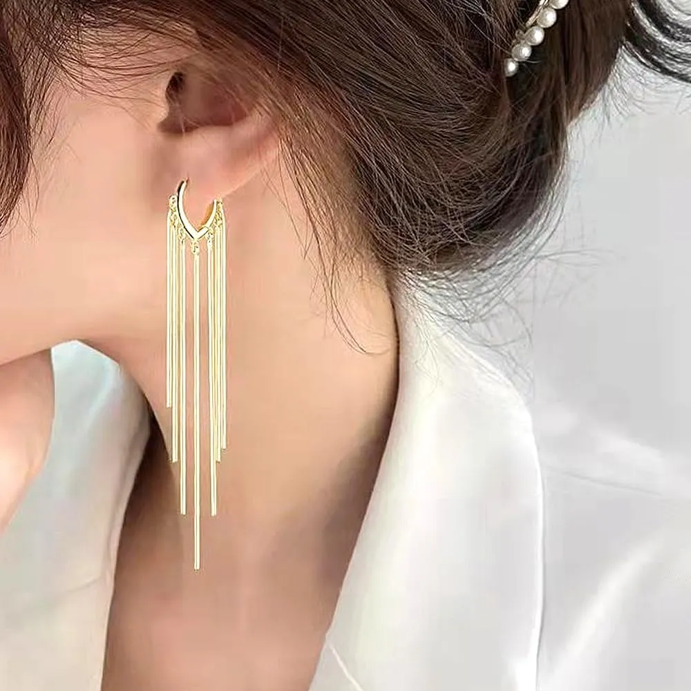 14K Gold Long Tassel Drop Dangle Earrings for Women Shining Chandelier Fringe Hoop Earrings Classic Valentine's Day Anniversary Jewelry Gifts