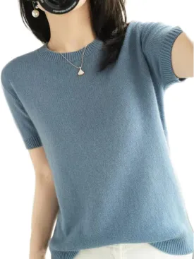 2025 Summer Fall Women's Short Sleeve Sweaters Crew Neck Solid Color Pullover Sweater Lightweight Soft Knitted T-Shirt Tops
