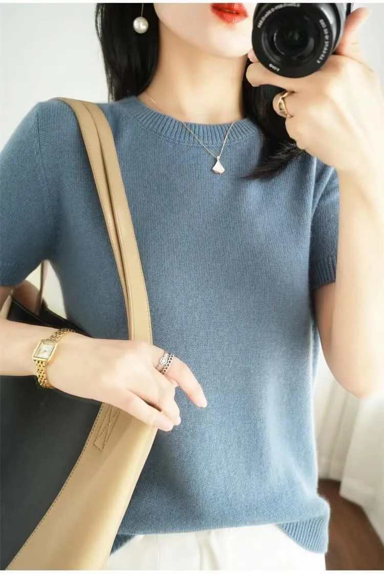 2025 Summer Fall Women's Short Sleeve Sweaters Crew Neck Solid Color Pullover Sweater Lightweight Soft Knitted T-Shirt Tops