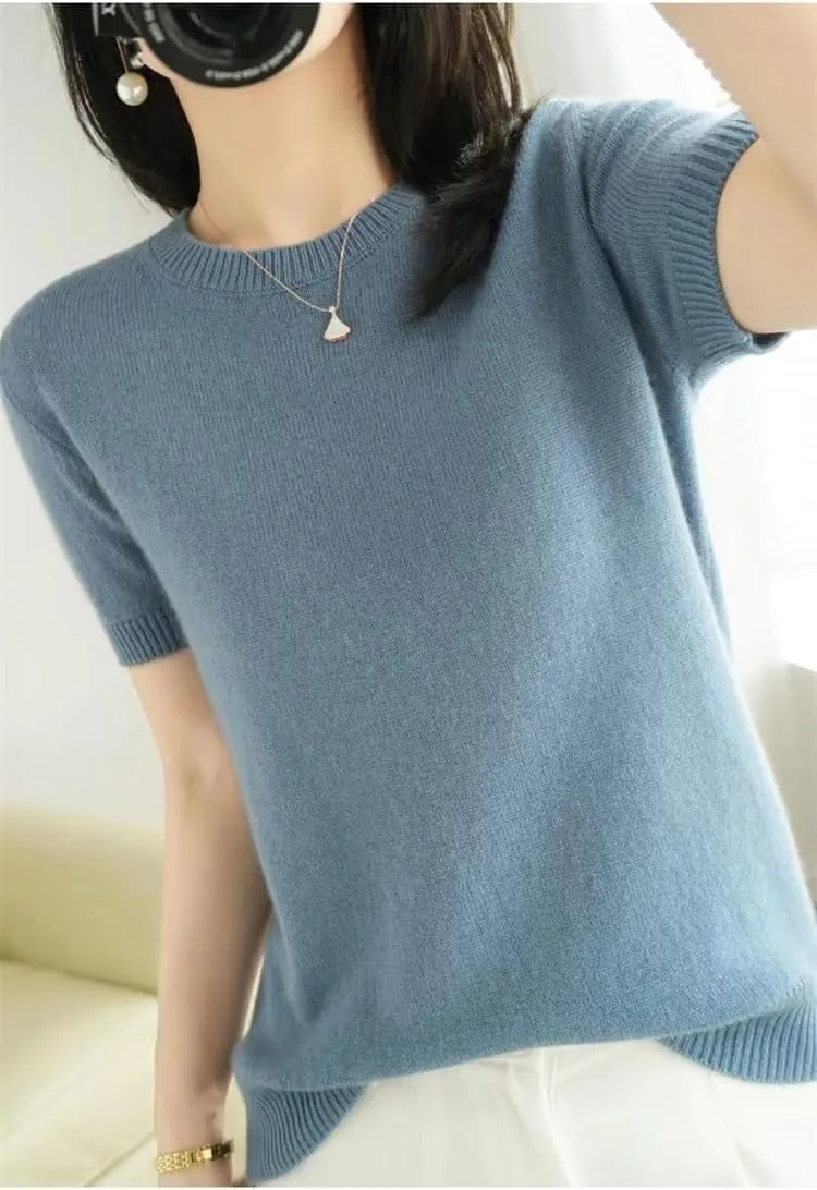 2025 Summer Fall Women's Short Sleeve Sweaters Crew Neck Solid Color Pullover Sweater Lightweight Soft Knitted T-Shirt Tops