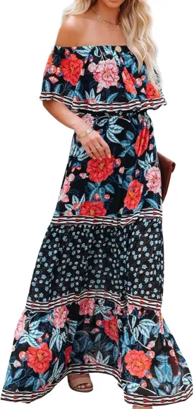 ACOSAP Women's Mexican Dress Summer Floral Print Off The Shoulder Sleeveless Beach Long Maxi Dress