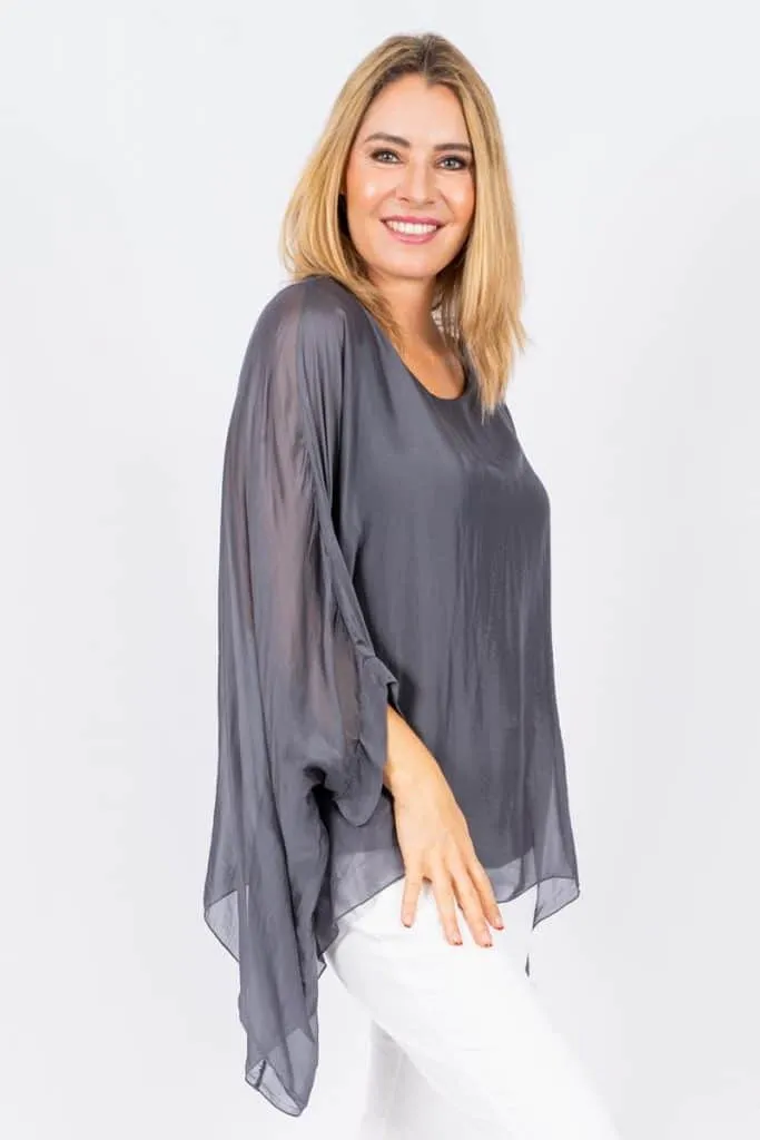 Allegra Batwing Silk Top - Charcoal