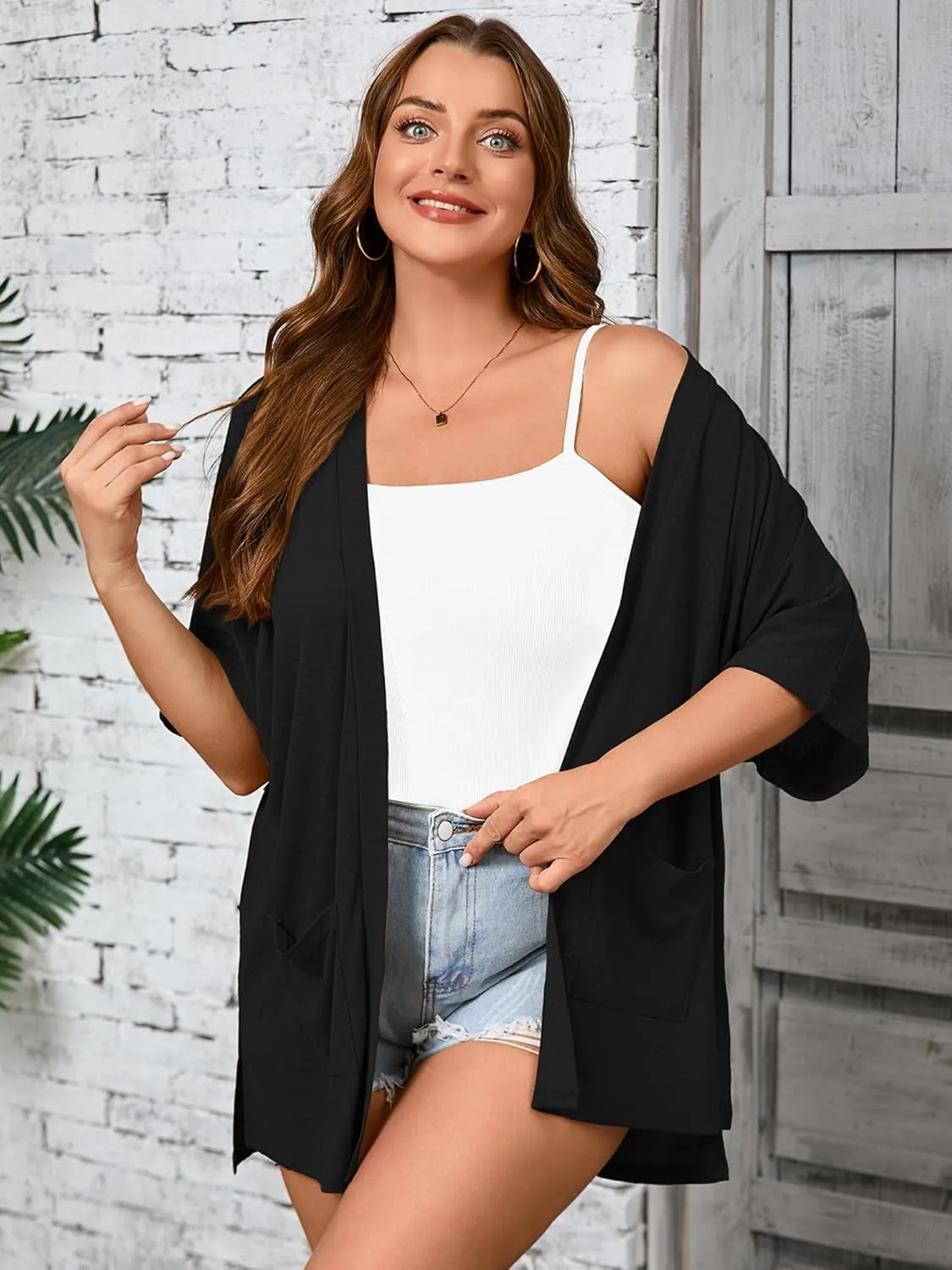 AusLook Plus Size Women's Knit Short Sleeve Lightweight Open Front Cardigans Shrugs Shawls and Wraps Jacket Coat with Pockets