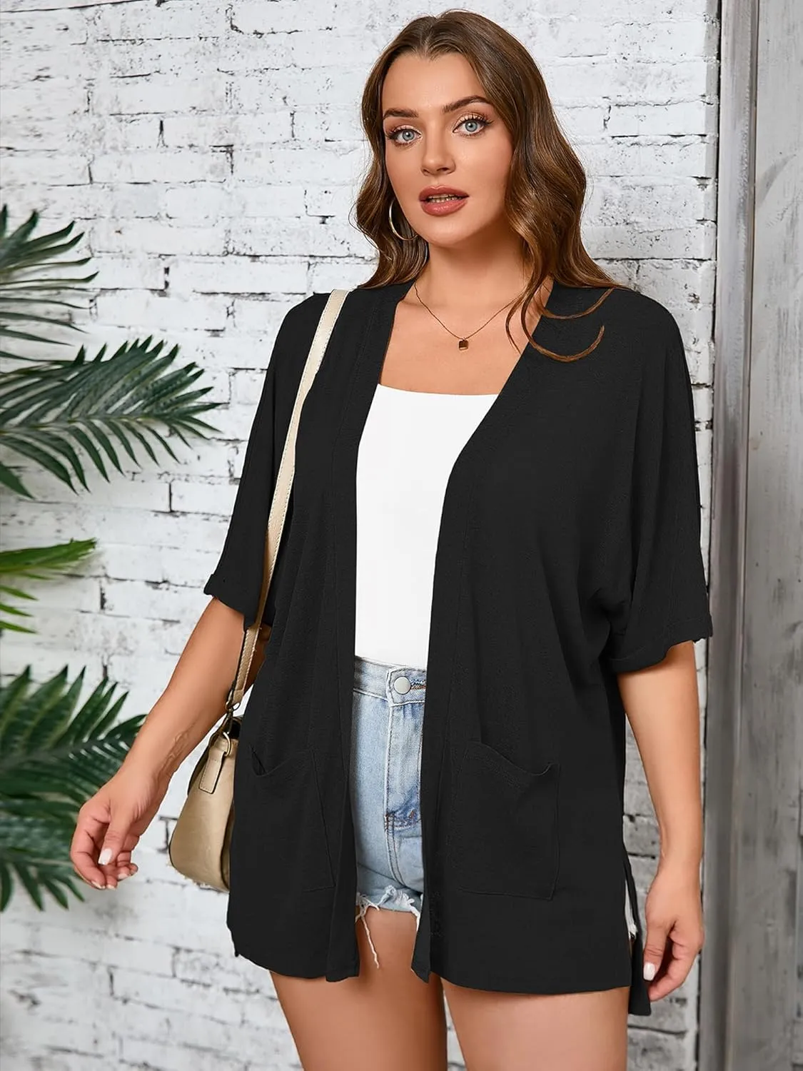AusLook Plus Size Women's Knit Short Sleeve Lightweight Open Front Cardigans Shrugs Shawls and Wraps Jacket Coat with Pockets