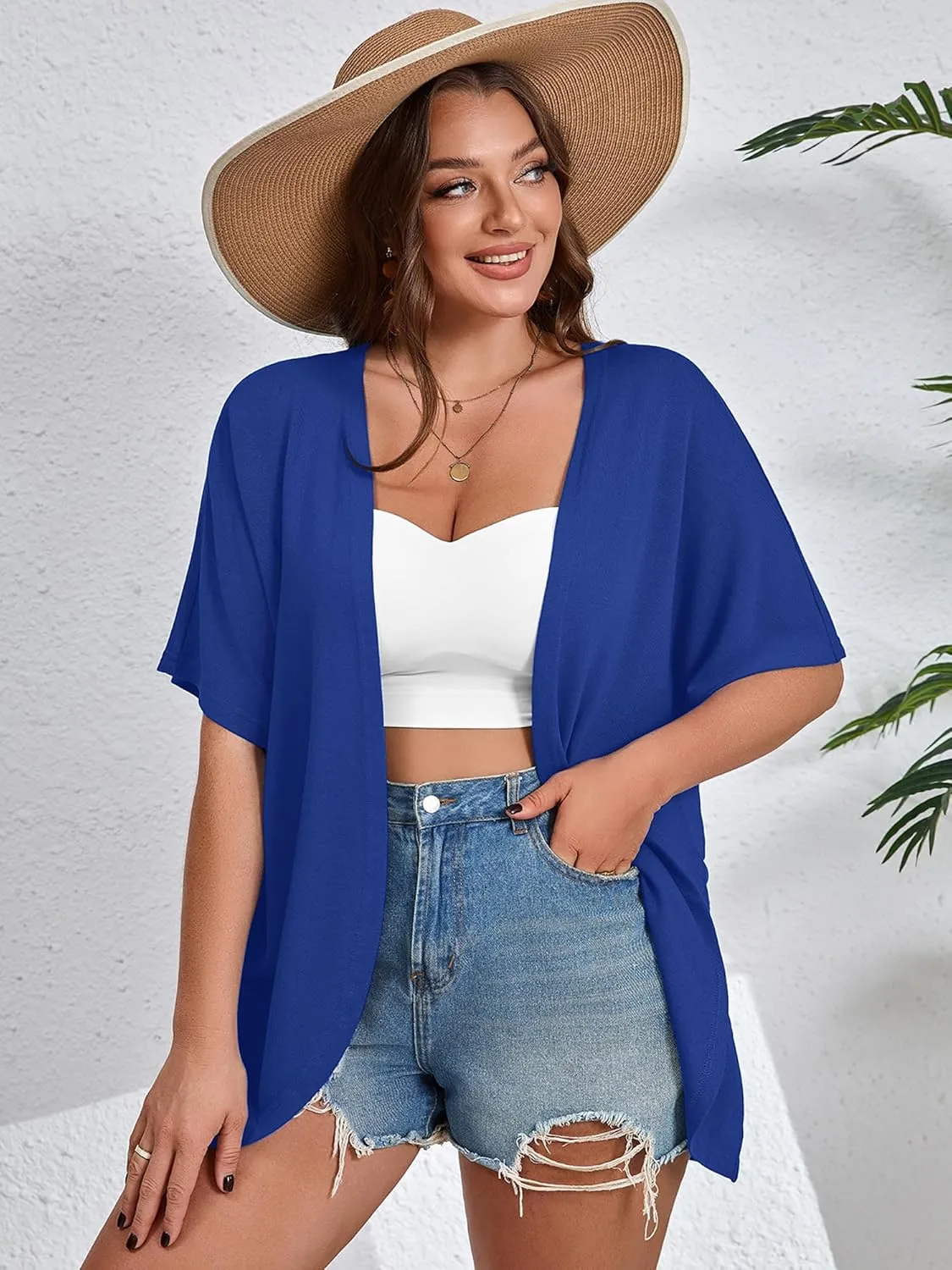 AusLook Women's Plus Size Short Sleeve Shawls and Wraps Lightweight Open Front Cardigan Cover Ups Shrugs Kimonos Jacket Coat