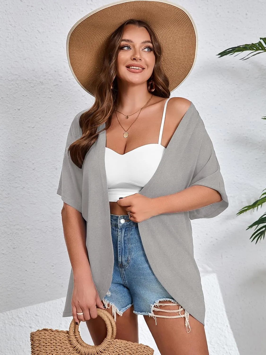 AusLook Women's Plus Size Short Sleeve Shawls and Wraps Lightweight Open Front Cardigan Cover Ups Shrugs Kimonos Jacket Coat