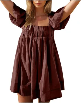 Babydoll Dress for Women 2025 Cute Puff Sleeve Square Neck Short Dresses Pleated Aline Cross Lace Up Backless Mini Dress