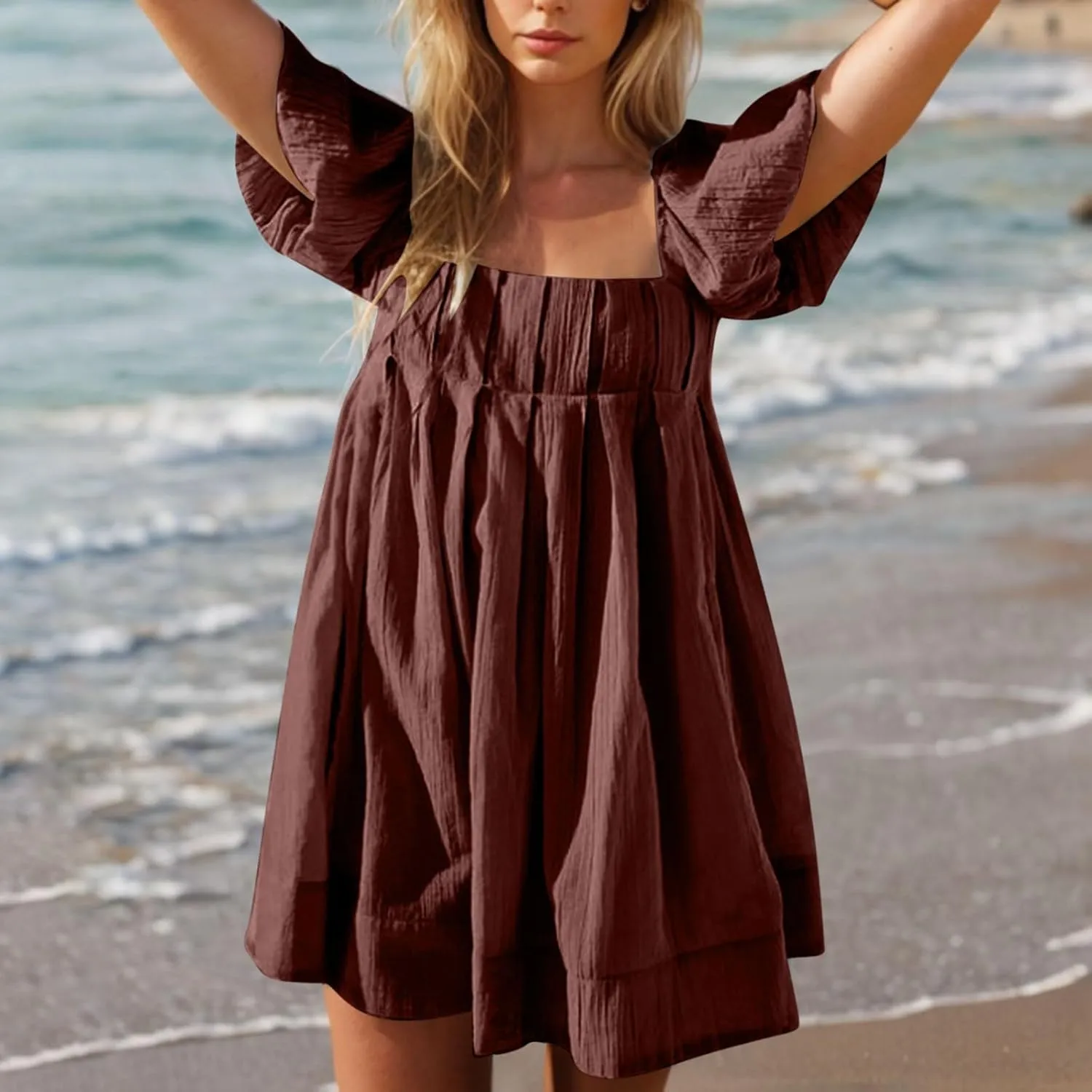 Babydoll Dress for Women 2025 Cute Puff Sleeve Square Neck Short Dresses Pleated Aline Cross Lace Up Backless Mini Dress