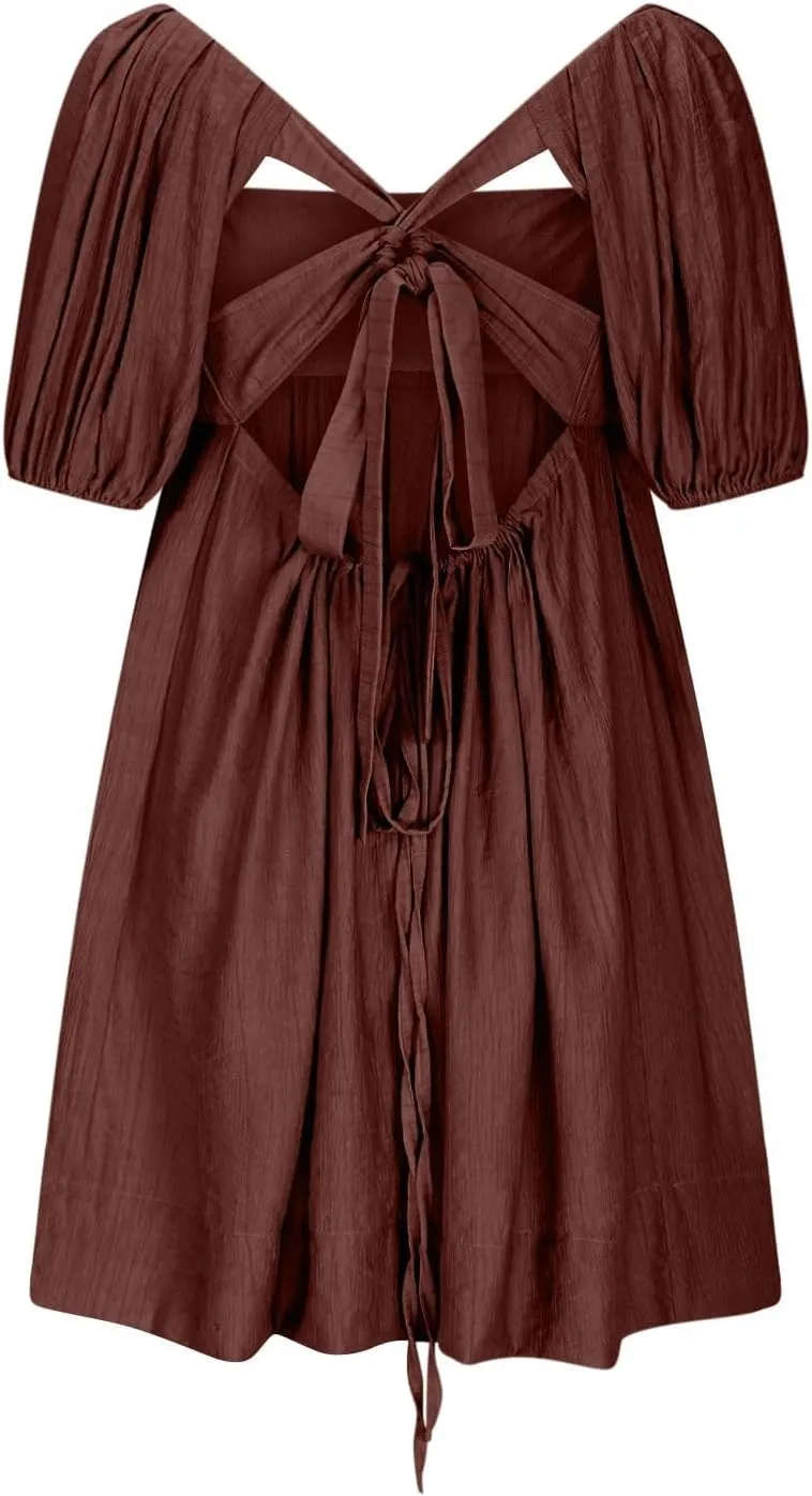 Babydoll Dress for Women 2025 Cute Puff Sleeve Square Neck Short Dresses Pleated Aline Cross Lace Up Backless Mini Dress