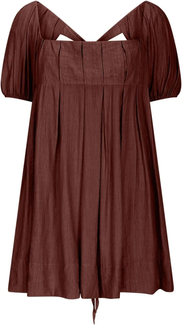 Babydoll Dress for Women 2025 Cute Puff Sleeve Square Neck Short Dresses Pleated Aline Cross Lace Up Backless Mini Dress