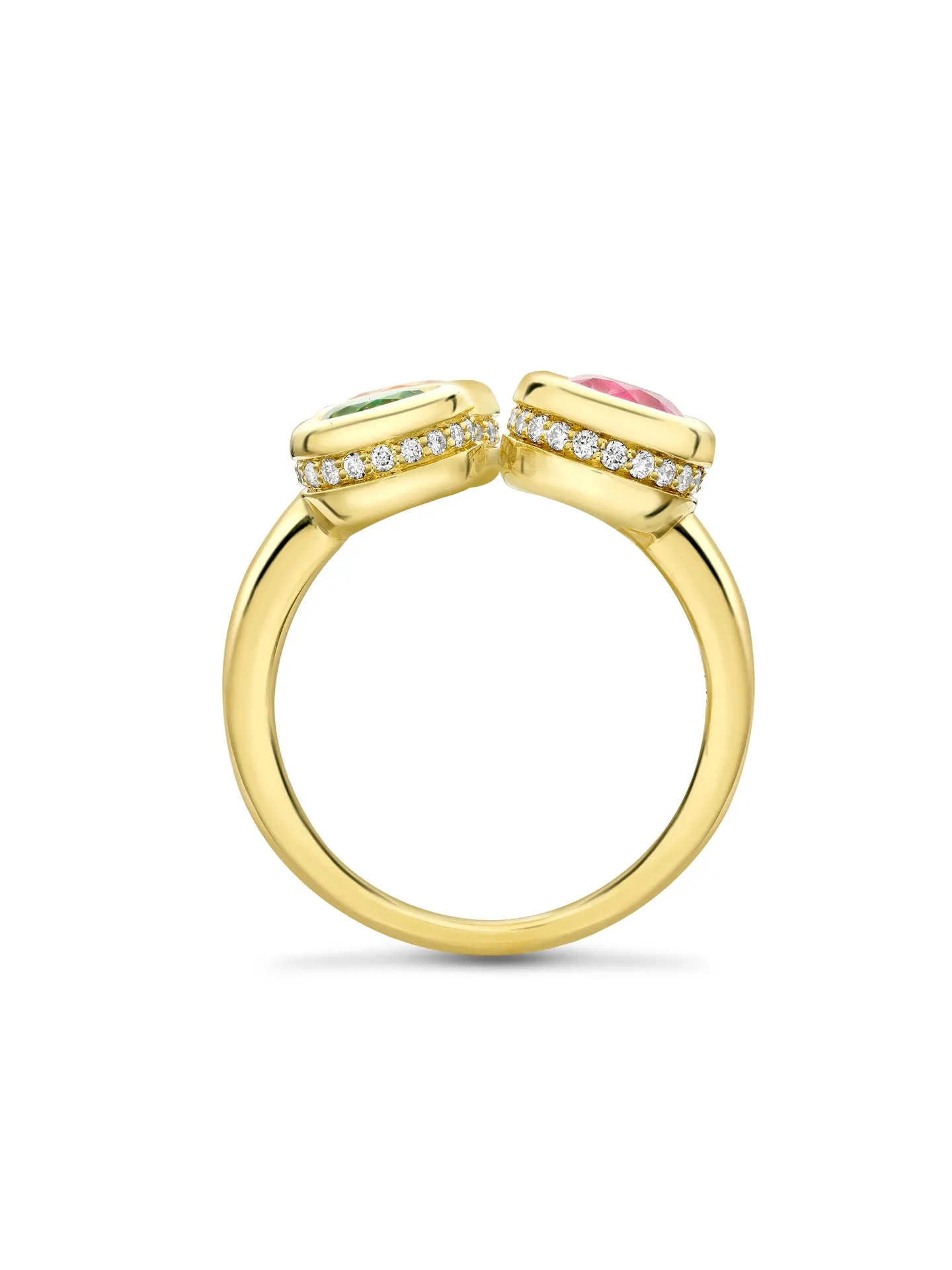 Three-Stone Sapphire, Garnet, and Tsavorite Ring in Yellow Gold for Beach Wear