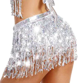 BODIY Sparkly Sequin Skirt Fringe Hip Scarf Tassel Belly Dance Skirts for Women