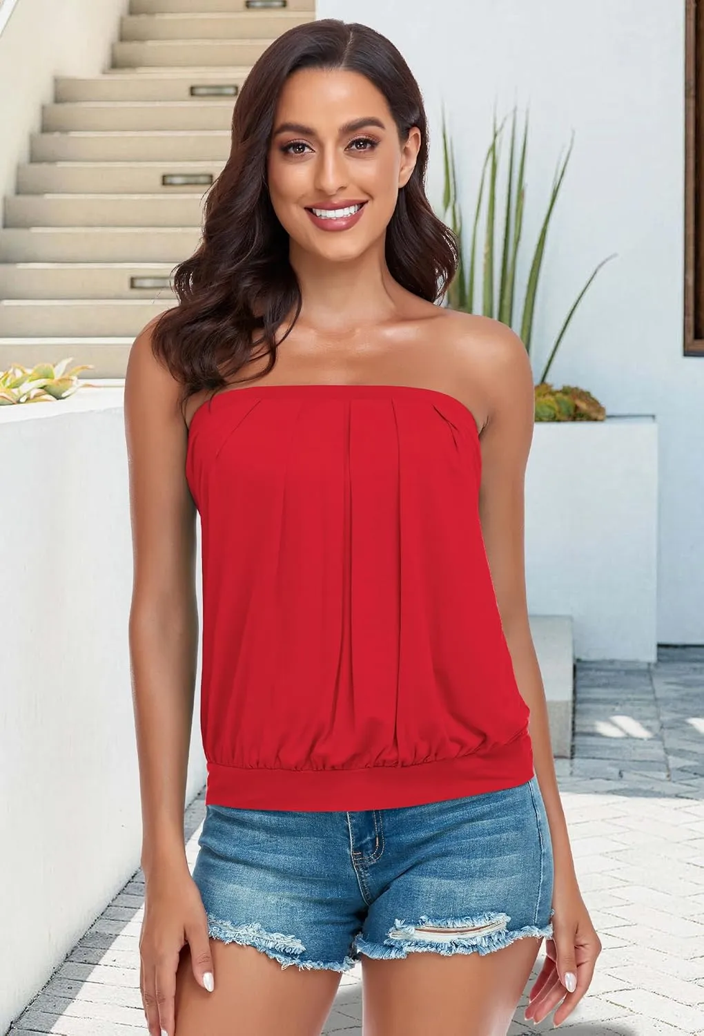 CHICGAL Women's Tube Tops Summer Casual Bandeau Tank Casual Strapless Blouse Off The Shoulder Tunic Shirts