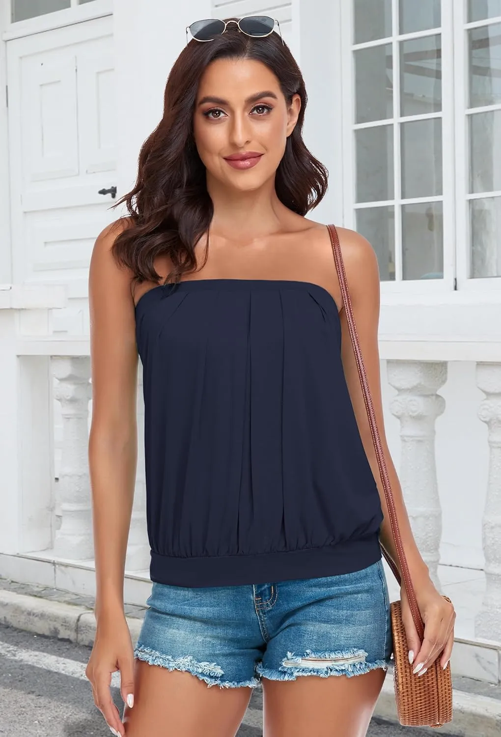CHICGAL Women's Tube Tops Summer Casual Bandeau Tank Casual Strapless Blouse Off The Shoulder Tunic Shirts