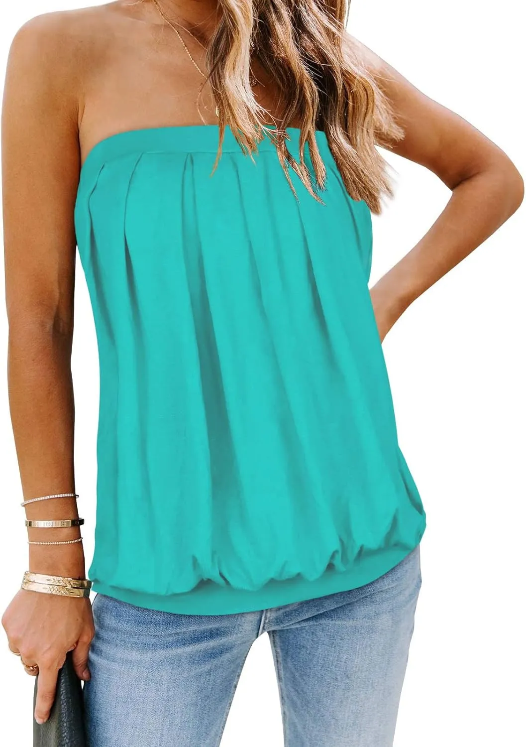 CHICGAL Women's Tube Tops Summer Casual Bandeau Tank Casual Strapless Blouse Off The Shoulder Tunic Shirts