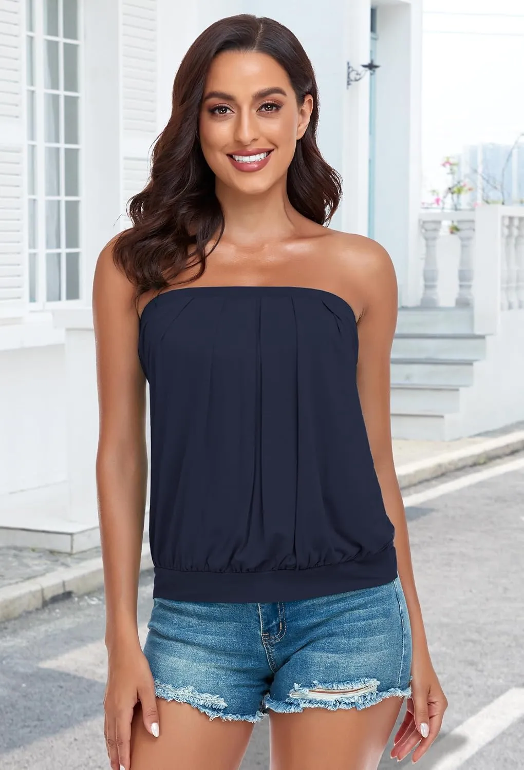 CHICGAL Women's Tube Tops Summer Casual Bandeau Tank Casual Strapless Blouse Off The Shoulder Tunic Shirts