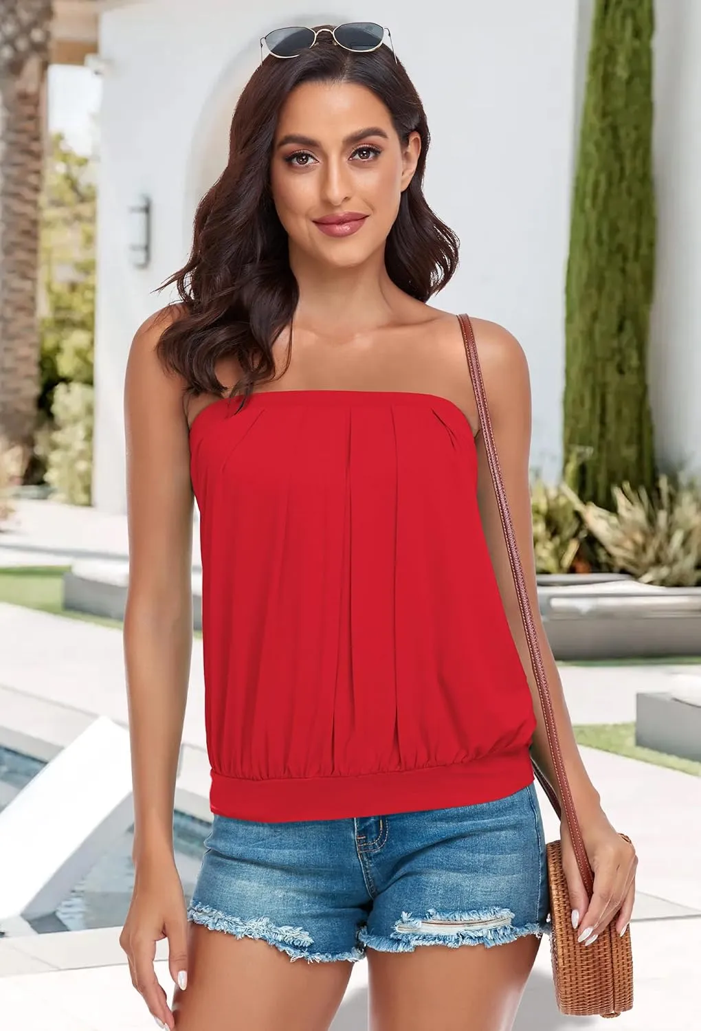 CHICGAL Women's Tube Tops Summer Casual Bandeau Tank Casual Strapless Blouse Off The Shoulder Tunic Shirts