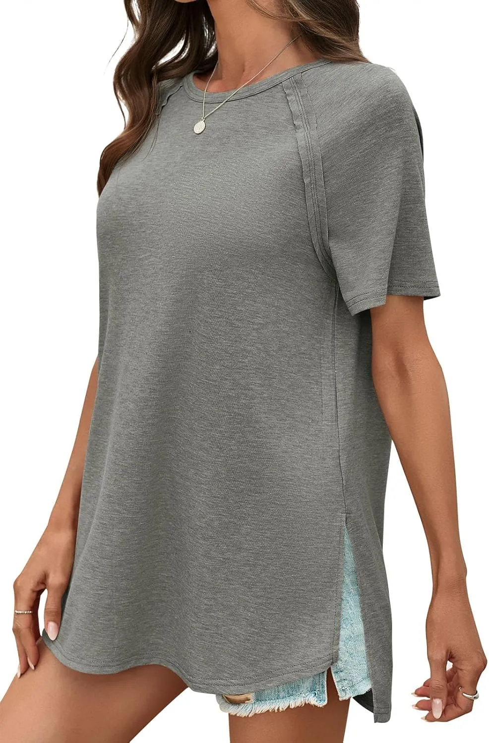 Cicy Bell Womens Short Sleeve Tunic Tops Summer Crew Neck Side Split T Shirts Casual Loose Fit Basic Tees Shirts