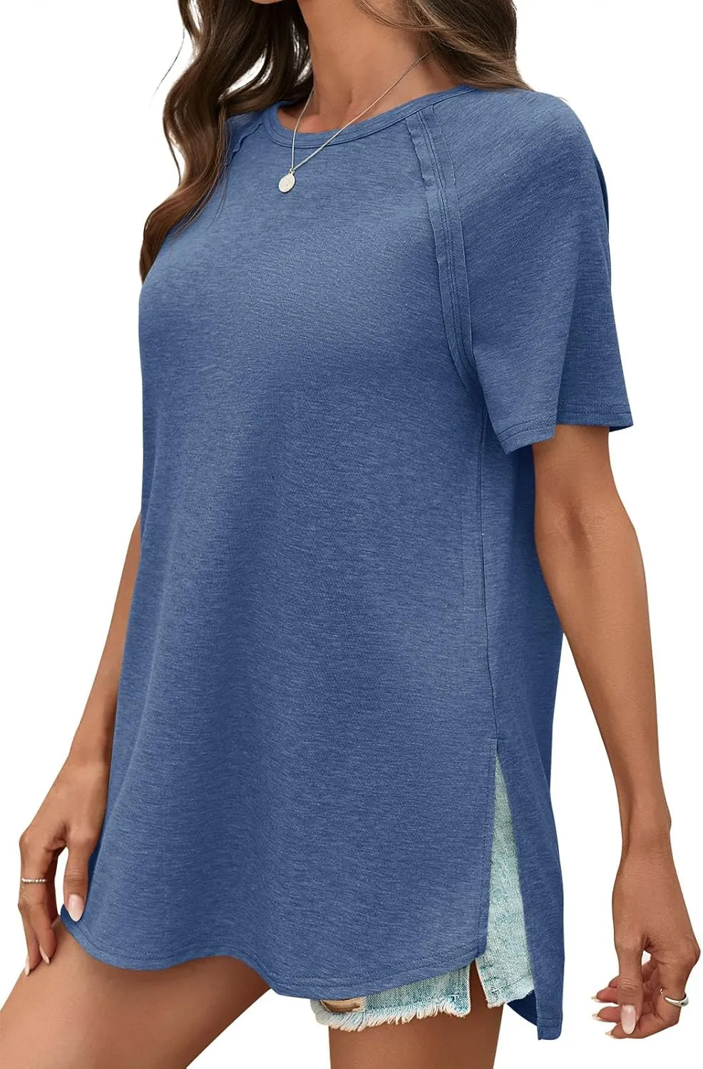Cicy Bell Womens Short Sleeve Tunic Tops Summer Crew Neck Side Split T Shirts Casual Loose Fit Basic Tees Shirts