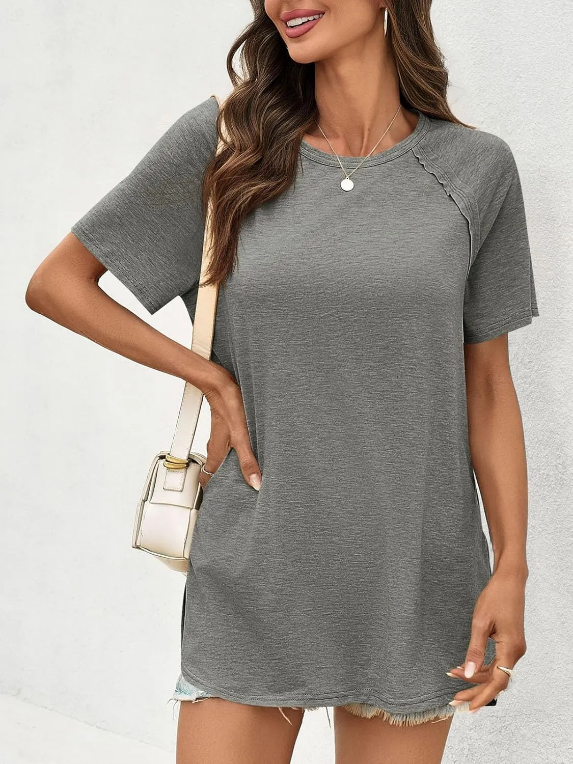 Cicy Bell Womens Short Sleeve Tunic Tops Summer Crew Neck Side Split T Shirts Casual Loose Fit Basic Tees Shirts
