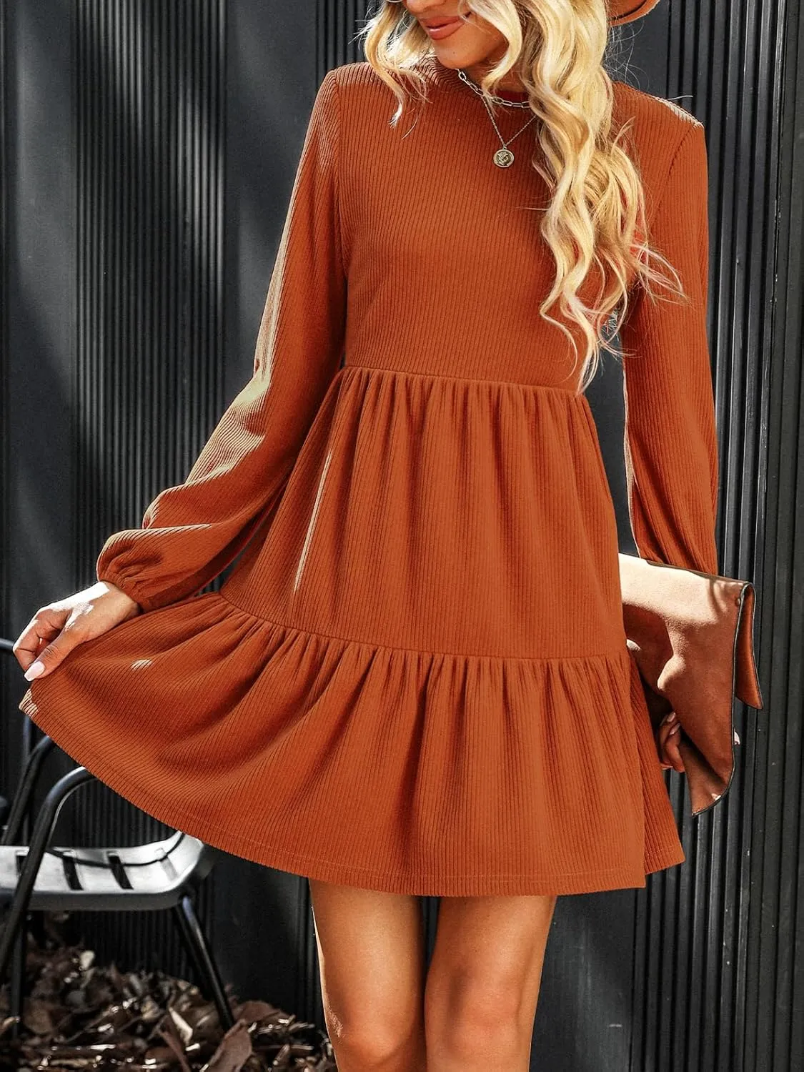 CUPSHE Women's Knitted Dresses Casual Long Sleeve Crew Neck Flowy Tiered