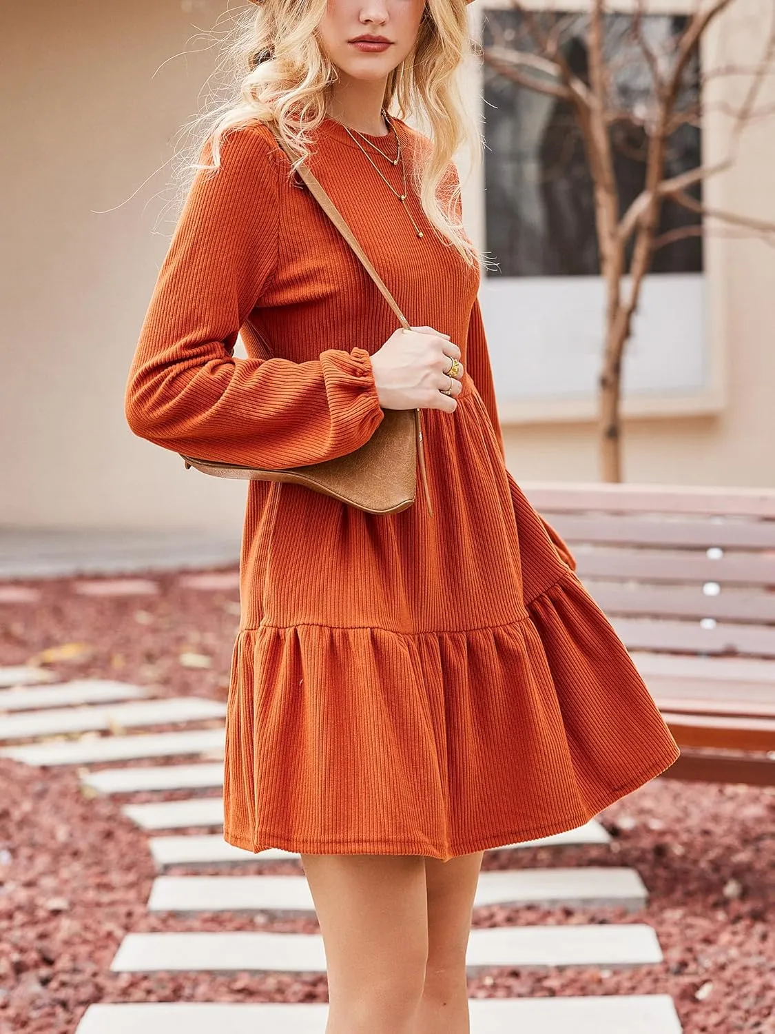 CUPSHE Women's Knitted Dresses Casual Long Sleeve Crew Neck Flowy Tiered