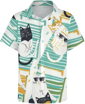 Cute Cat Mens Hawaiian Shirts Funny Cat Print Short Sleeve Aloha Beach Shirt Summer Button Down Shirt