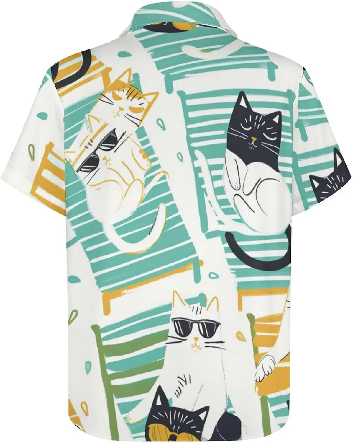 Cute Cat Mens Hawaiian Shirts Funny Cat Print Short Sleeve Aloha Beach Shirt Summer Button Down Shirt