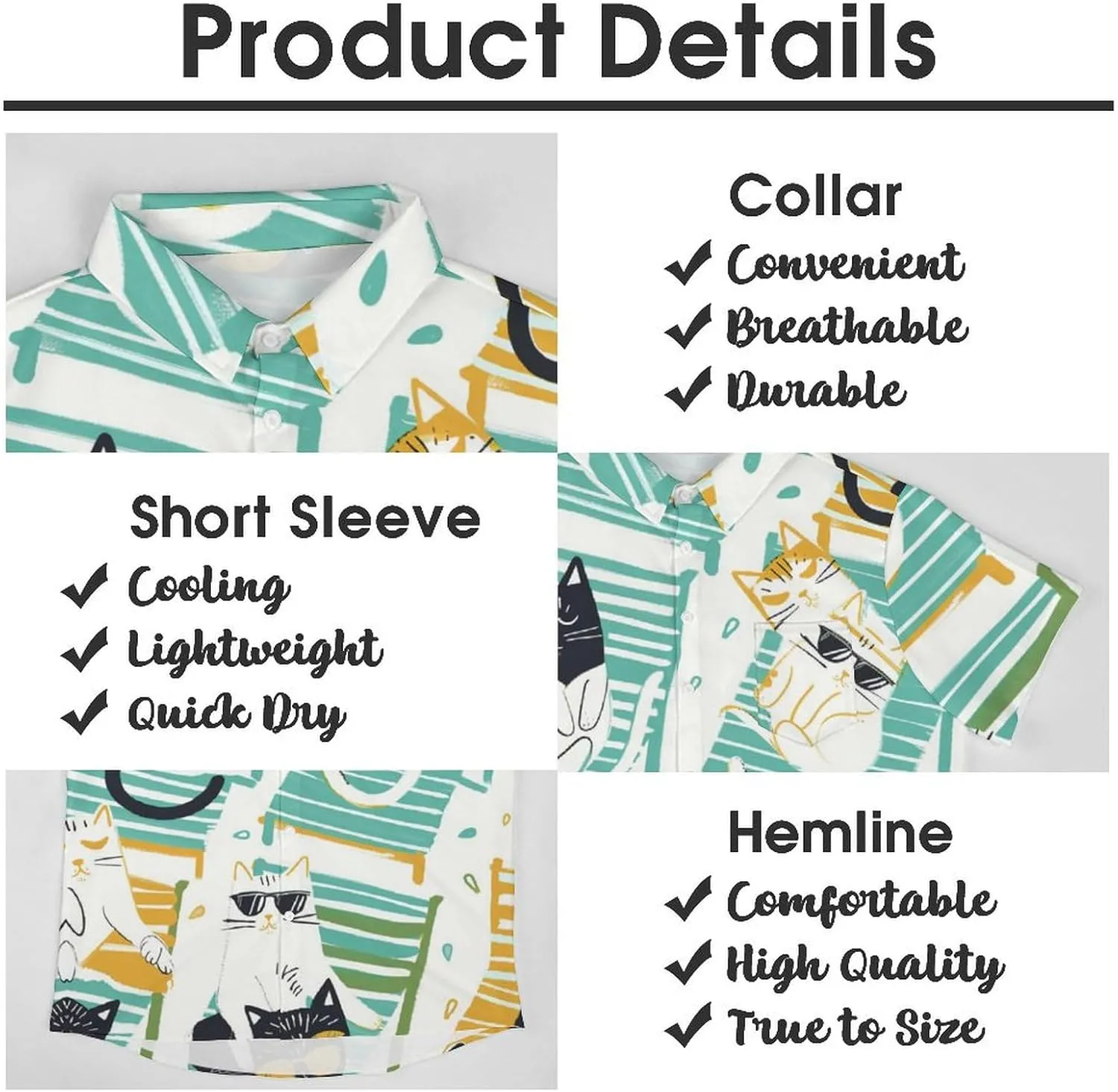 Cute Cat Mens Hawaiian Shirts Funny Cat Print Short Sleeve Aloha Beach Shirt Summer Button Down Shirt