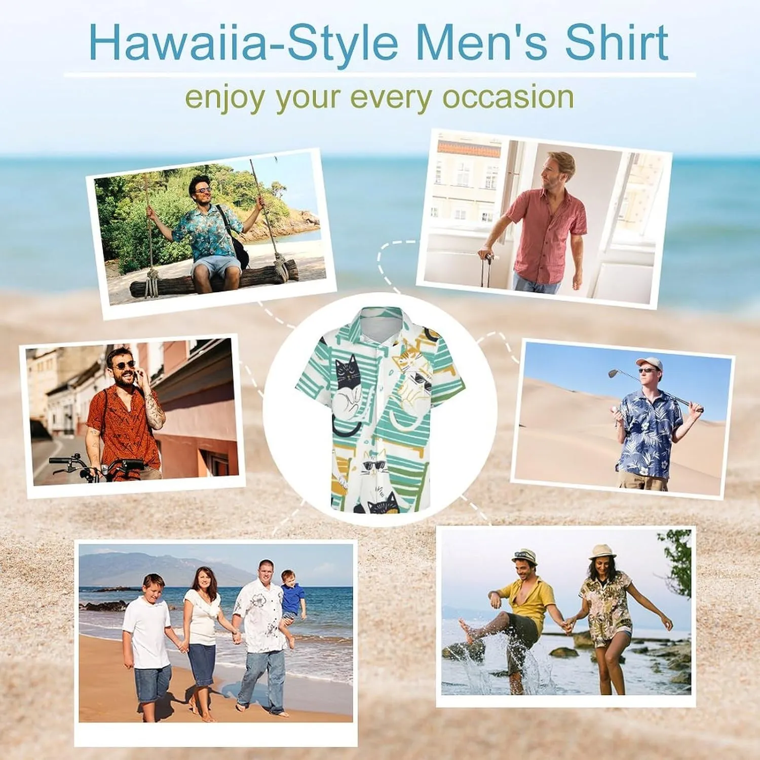 Cute Cat Mens Hawaiian Shirts Funny Cat Print Short Sleeve Aloha Beach Shirt Summer Button Down Shirt