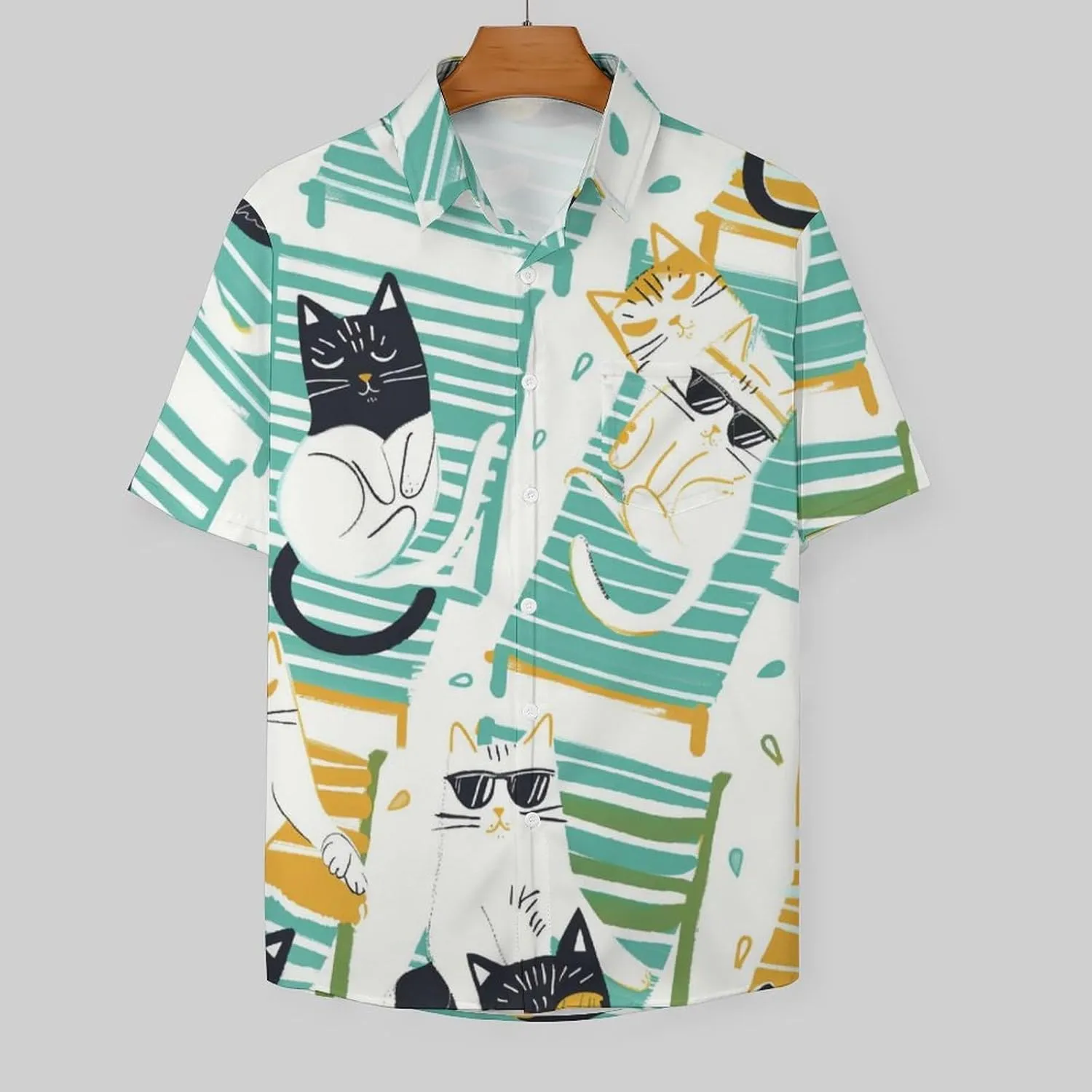 Cute Cat Mens Hawaiian Shirts Funny Cat Print Short Sleeve Aloha Beach Shirt Summer Button Down Shirt