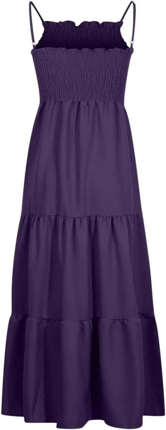 Dresses for Women 2024 Casual Bohemian Spaghetti Strap Smocked Tiered Long Beach Dresses Sleeveless Maxi Dress