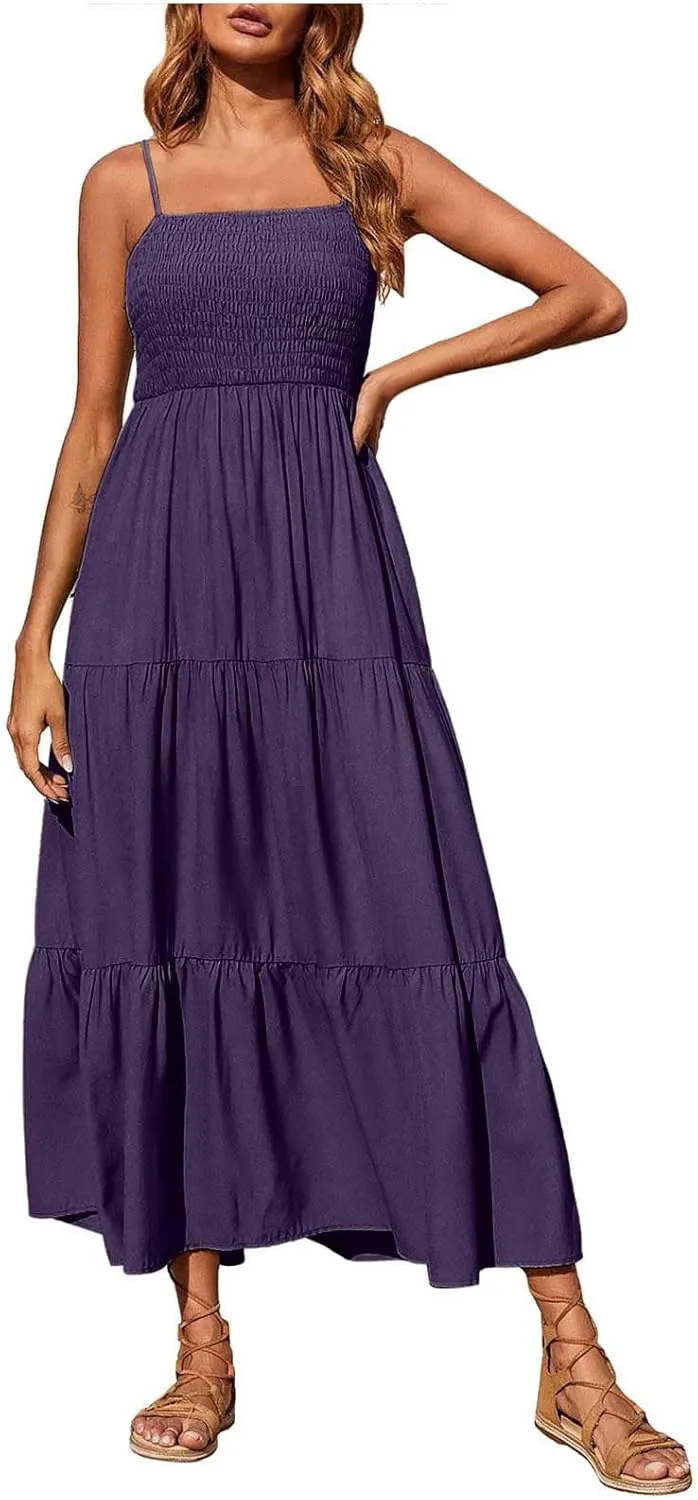 Dresses for Women 2024 Casual Bohemian Spaghetti Strap Smocked Tiered Long Beach Dresses Sleeveless Maxi Dress