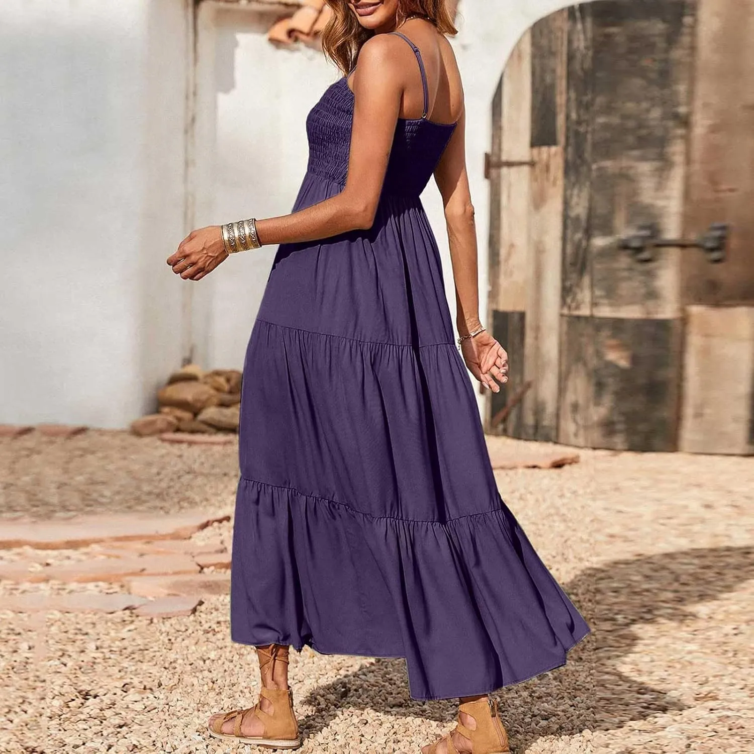 Dresses for Women 2024 Casual Bohemian Spaghetti Strap Smocked Tiered Long Beach Dresses Sleeveless Maxi Dress