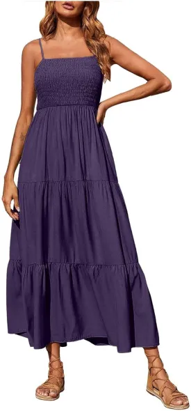 Dresses for Women 2024 Casual Bohemian Spaghetti Strap Smocked Tiered Long Beach Dresses Sleeveless Maxi Dress