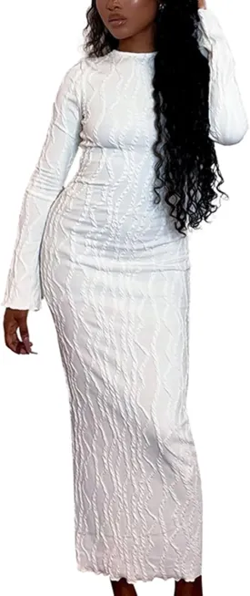 Ecirod Fall Knit Maxi Dress for Women Long Sleeve Crew Neck Ribbed Long Going Out Bodycon Dresses