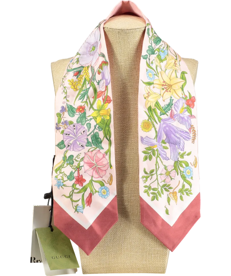 Gucci Pink Love Parade Logo Floral Silk Scarf Neckerchief One Size