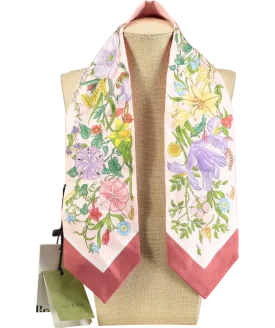 Gucci Pink Love Parade Logo Floral Silk Scarf Neckerchief One Size