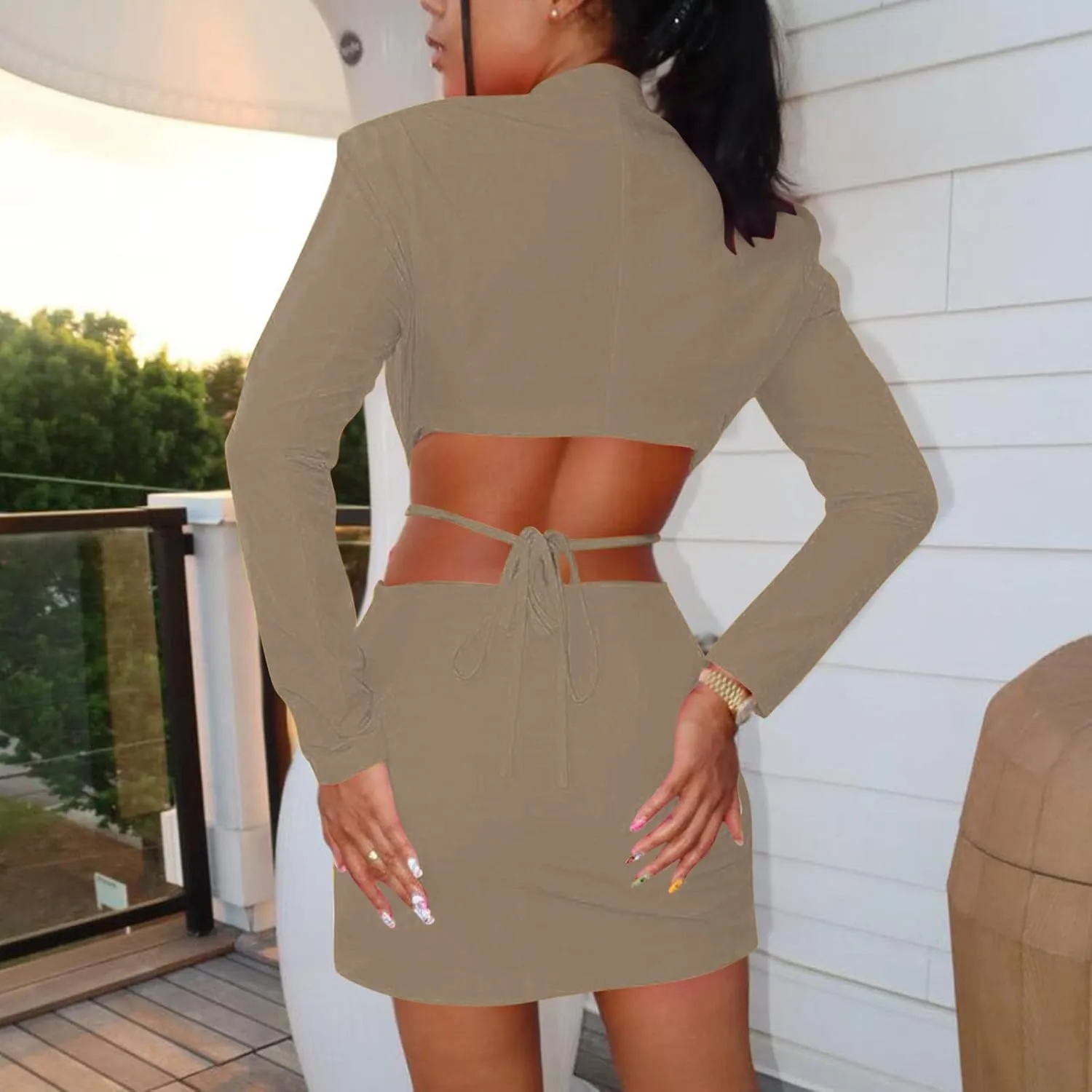 HGps8w Women's Sexy Cutout Waist Blazer Dresses, Double Breasted Long Sleeve V Neck Suit Jacket Mini Dress