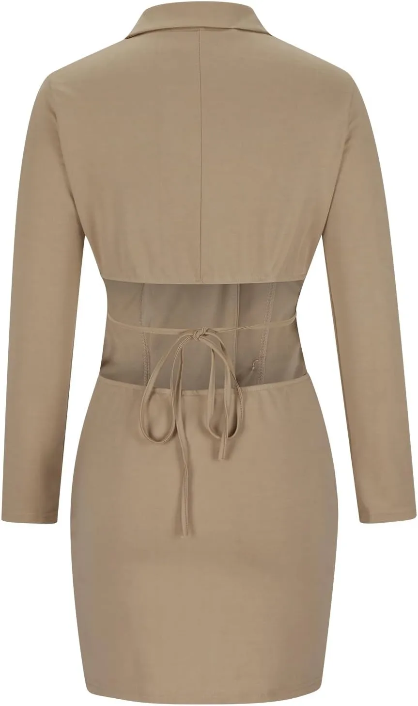 HGps8w Women's Sexy Cutout Waist Blazer Dresses, Double Breasted Long Sleeve V Neck Suit Jacket Mini Dress