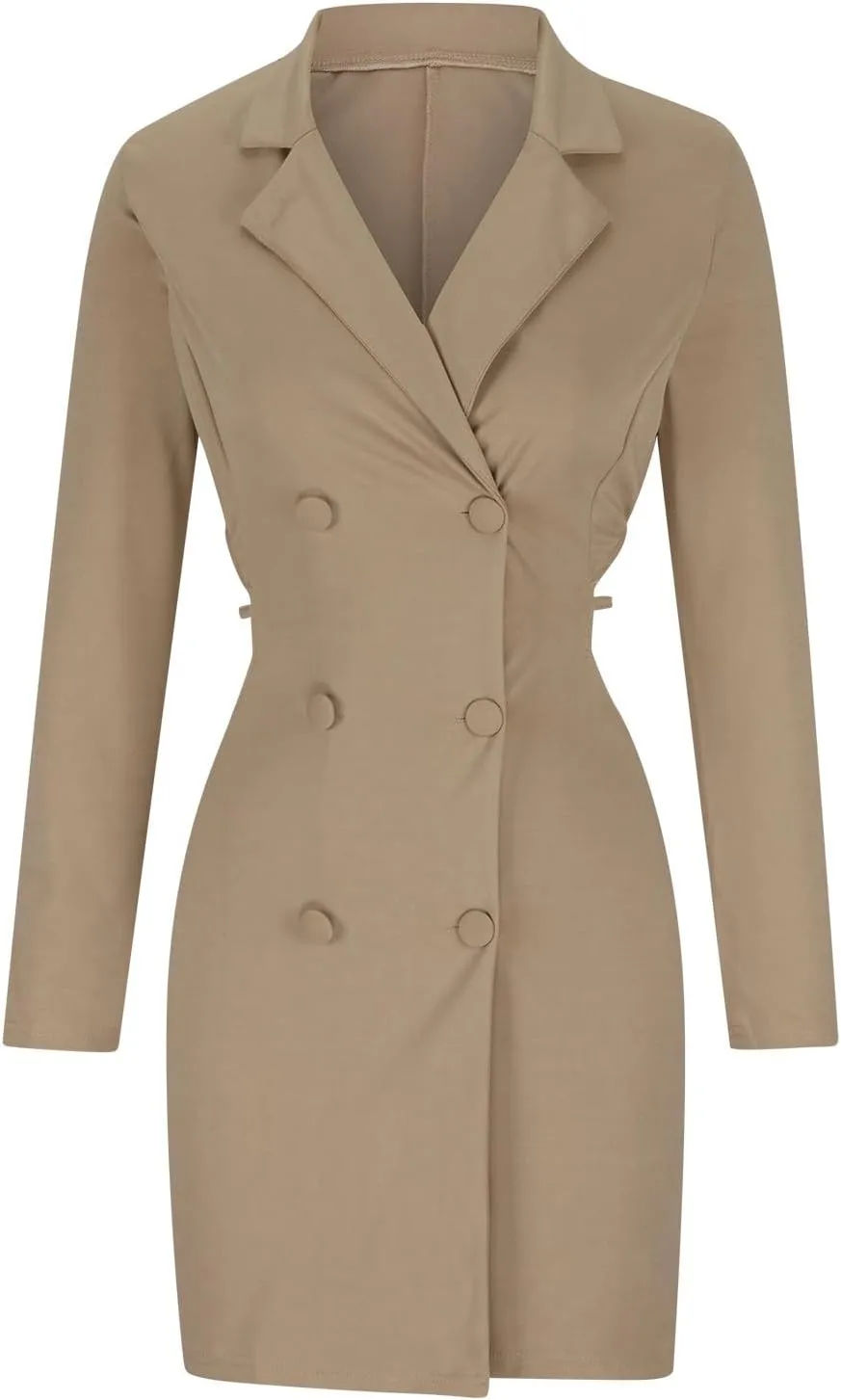 HGps8w Women's Sexy Cutout Waist Blazer Dresses, Double Breasted Long Sleeve V Neck Suit Jacket Mini Dress