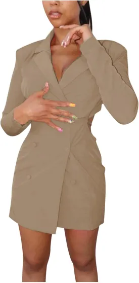 HGps8w Women's Sexy Cutout Waist Blazer Dresses, Double Breasted Long Sleeve V Neck Suit Jacket Mini Dress