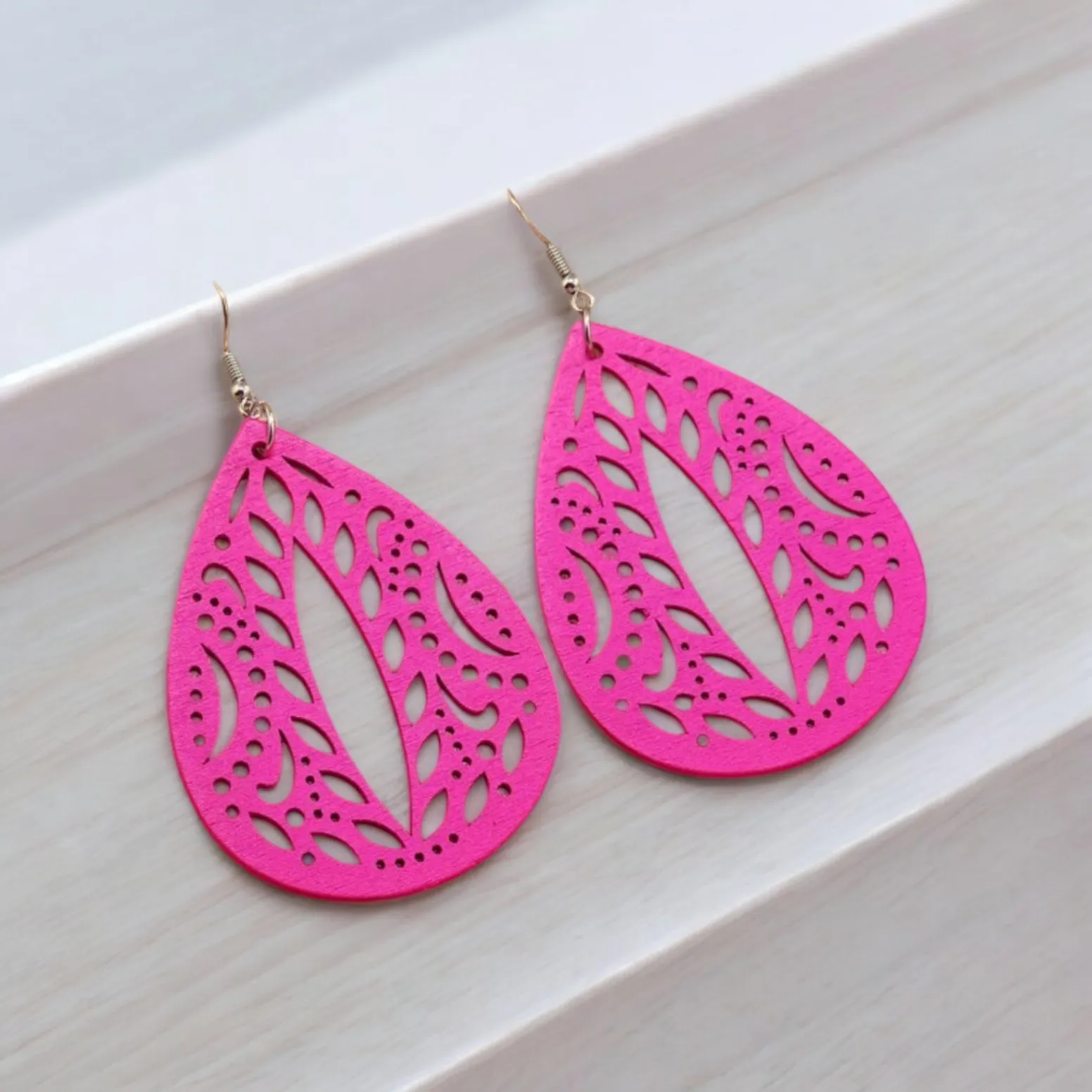 Hot Pink Hollow Out Wooden Earrings