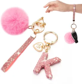 Initial Letter Keychain for Women Girl Bling Rhinestone Sparkly Bag Backpack Purse Charm Cute Pom Pom Key Chain Wristlet