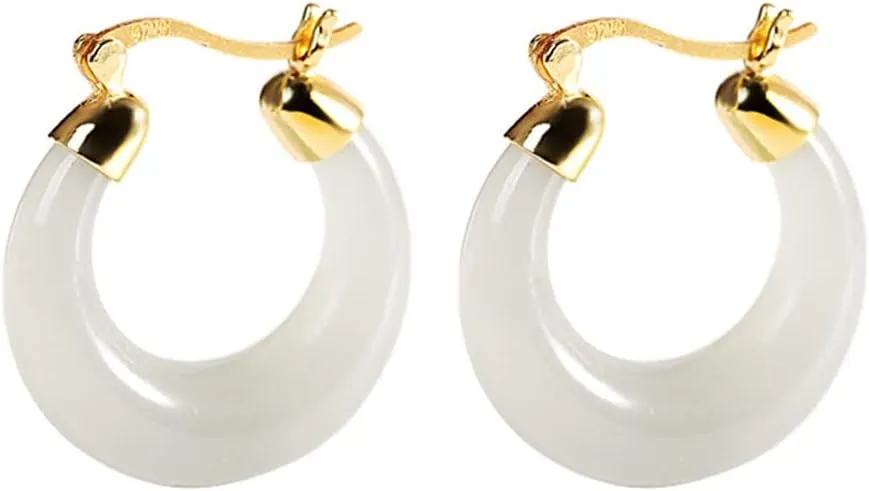 Jade Earrings for Women Genuine Round Gemstone Handmade Hoop Earrings Birthday Gift for Girlfriend (Color : White)
