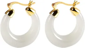 Jade Earrings for Women Genuine Round Gemstone Handmade Hoop Earrings Birthday Gift for Girlfriend (Color : White)