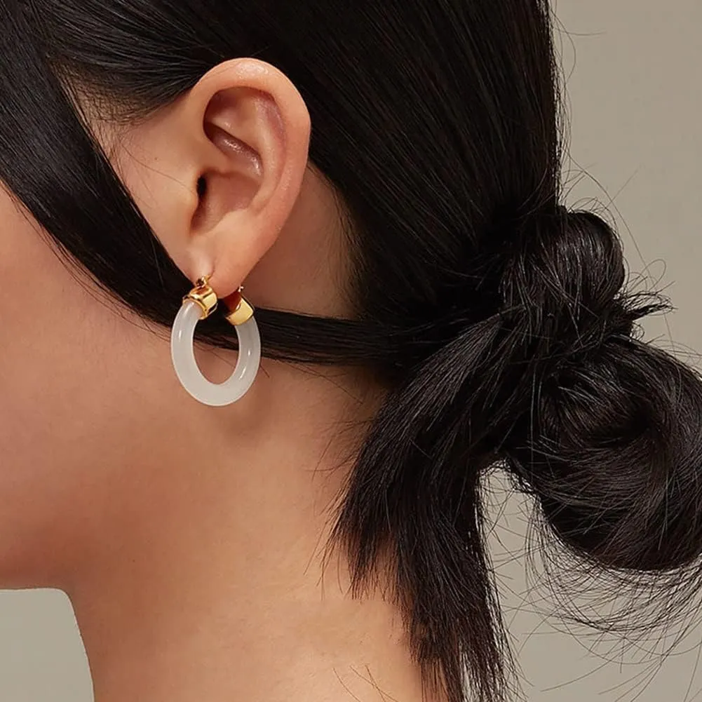Jade Earrings for Women Genuine Round Gemstone Handmade Hoop Earrings Birthday Gift for Girlfriend (Color : White)