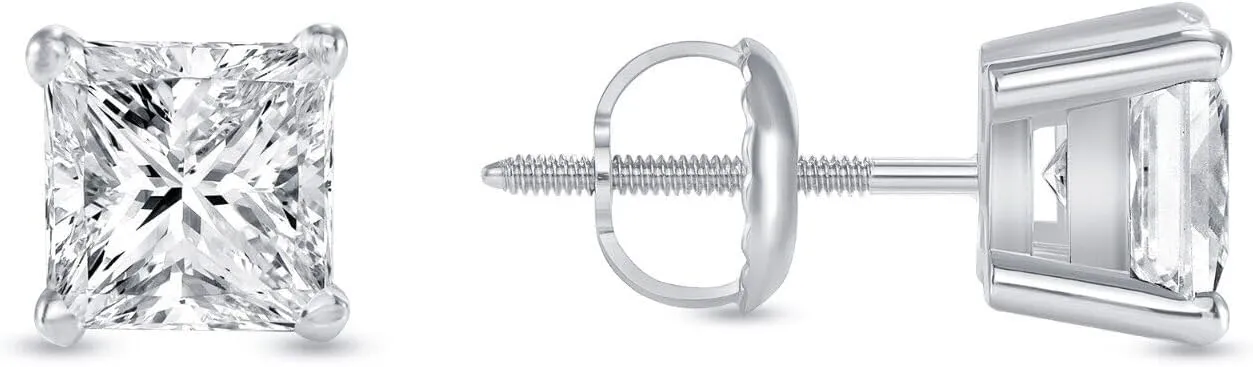 Jewels Prim 1 Ct Princess-Cut Lab-Grown Diamond Earrings  14K White Gold, F/VS Clarity, Basket Screw Back Setting