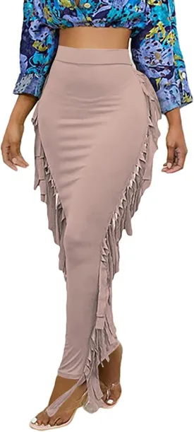 LYANER Women's Fringed Side Tassels Elastic Waist Slim Bodycon Pencil Maxi Skirts