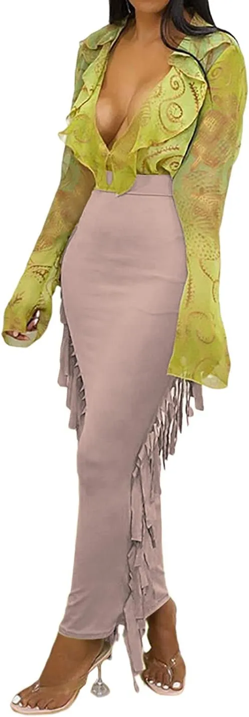 LYANER Women's Fringed Side Tassels Elastic Waist Slim Bodycon Pencil Maxi Skirts